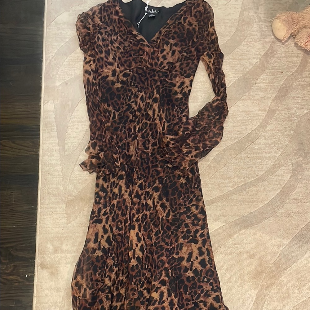 Nicole Miller Brown Leopard Long Sleeve Dress